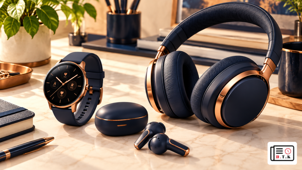 स्मार्टवॉच, earbuds और headphones का प्रतीकात्मक चित्र और D.T.K लोगो