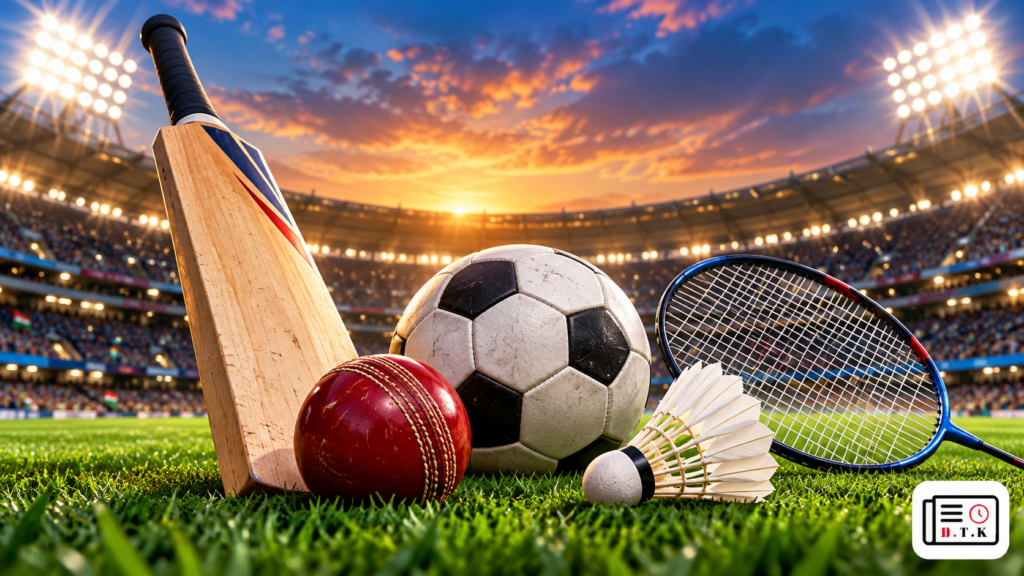 क्रिकेट, फुटबॉल और badminton उपकरणों का प्रतीकात्मक चित्र और D.T.K लोगो